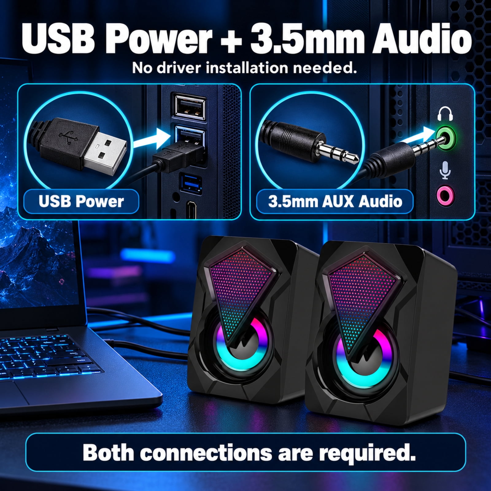 Computer Speakers for Desktop or Laptop, TSV 2.0 Stereo RGB PC Gaming Speakers with Stereo Surround Bass, 7 Colors LED Lights, USB-Powered 3.5mm Wired Speakers for PC Smartphone Tablet Projector TV