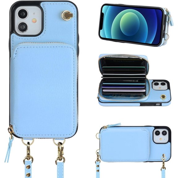 Crossbody Wallet Case for iPhone 12/12 Pro, RFID Blocking Leather Purse Case with Card Holder, Protective Handbag Flip Cover with Zipper Wrist Strap Lanyard for Women 5G 6.1 Inch (Blue)
