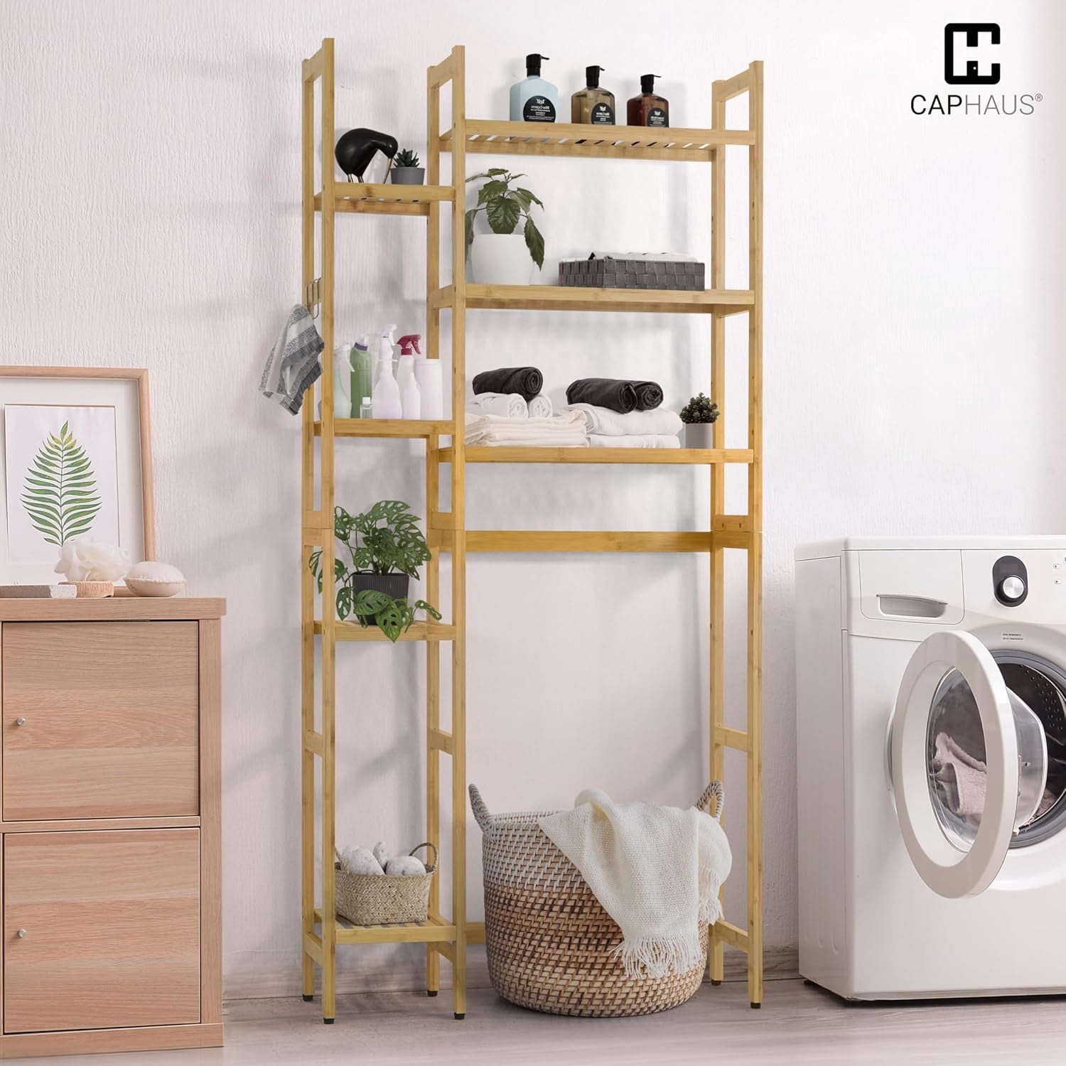 CAPHAUS Bamboo Over The Toilet Storage, Behind Toilet Bathroom Shelf Rack with Hooks & Adjustable Feet, 31-Inch Freestanding Toilet Shelf, Bathroom & Laundry Organizer, Balcony Plant Stand, Natural