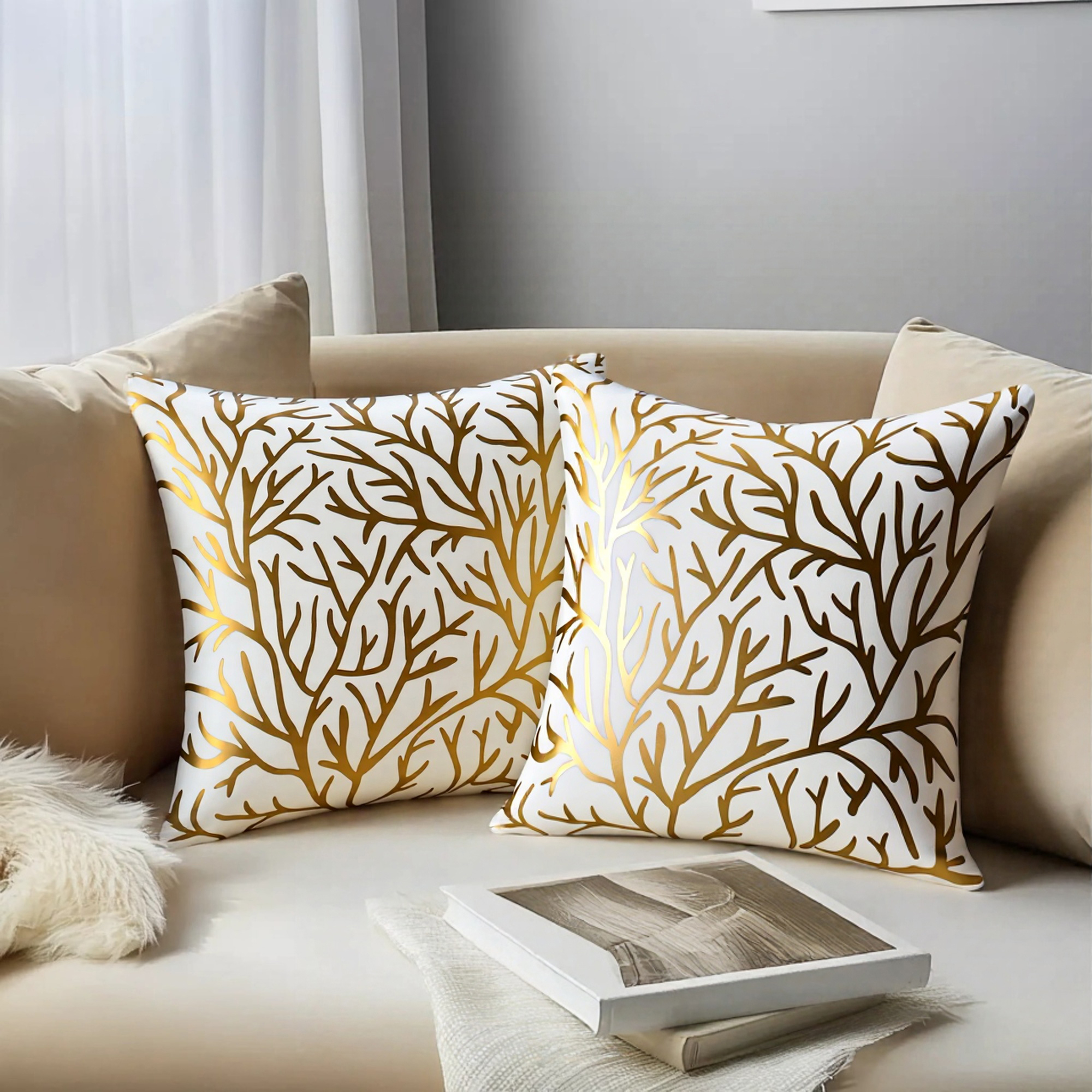 Unique Bargains Set of 2 Pillow Covers with Bronzing Print for Couch Gold-Tree Branch