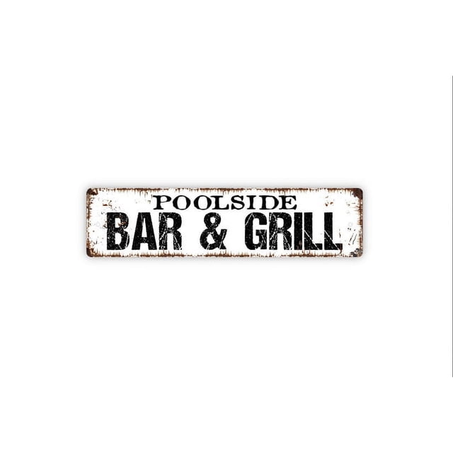 Letrero de metal rústico para bar y parrilla junto a la piscina, para patio trasero, barbacoa, ahumador, fogata, bar, pub, placa con nombre para puerta o calle, tamaño: 4 x 16 pulgadas