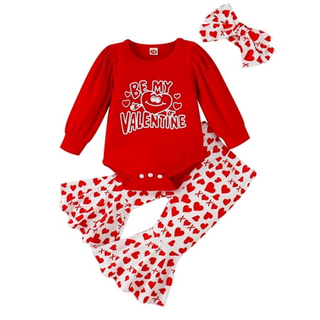 

sdghg Infant Baby Girl Valentine s Day Clothes Set Long Sleeve Letter Print Jumpsuit + Heart Lollipop Print Flare Pants + Headband