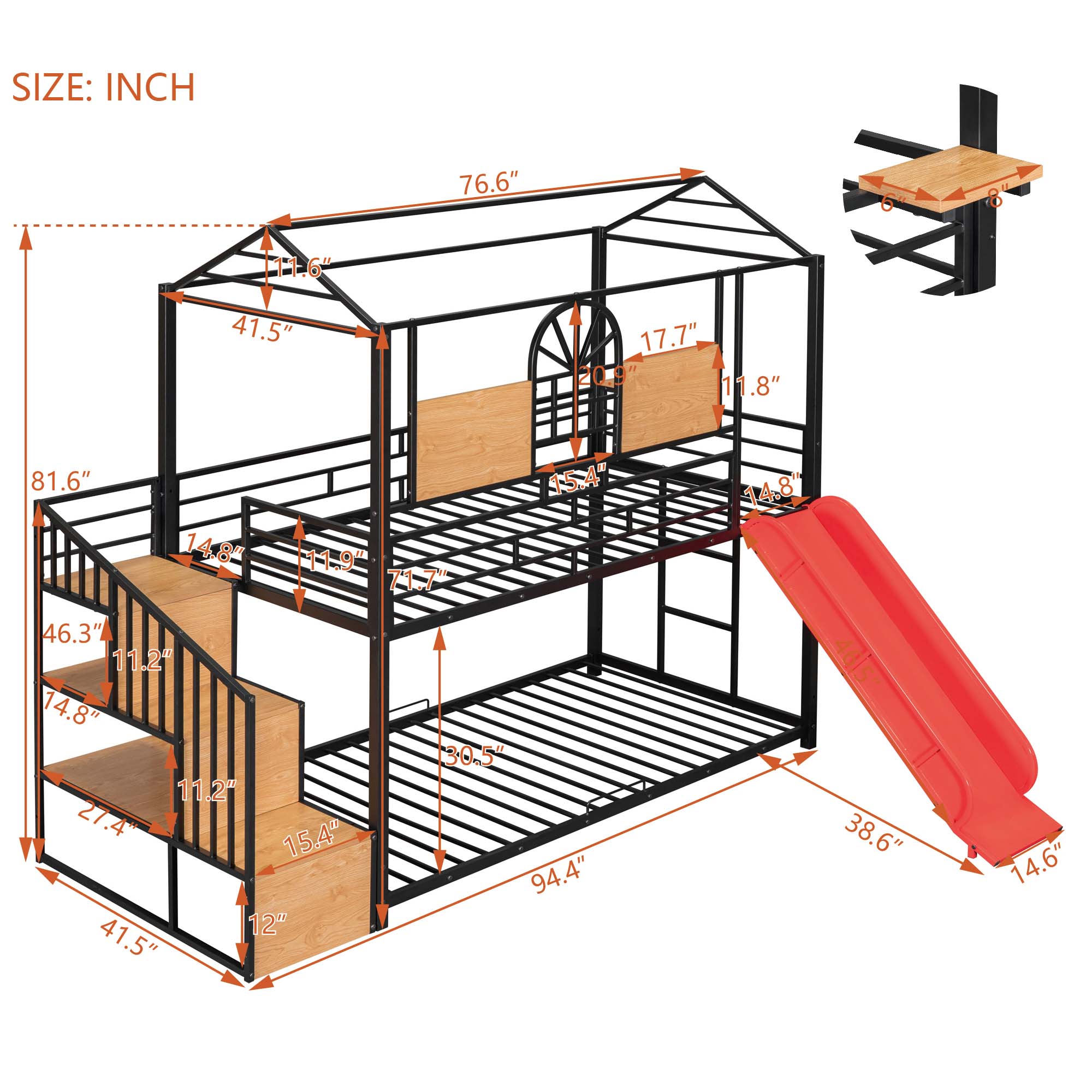 Aukfa Twin over Twin Bunk Bed with Slide, Metal House Bunk Bed with Staircase and Shelves for Kids - Black/Red