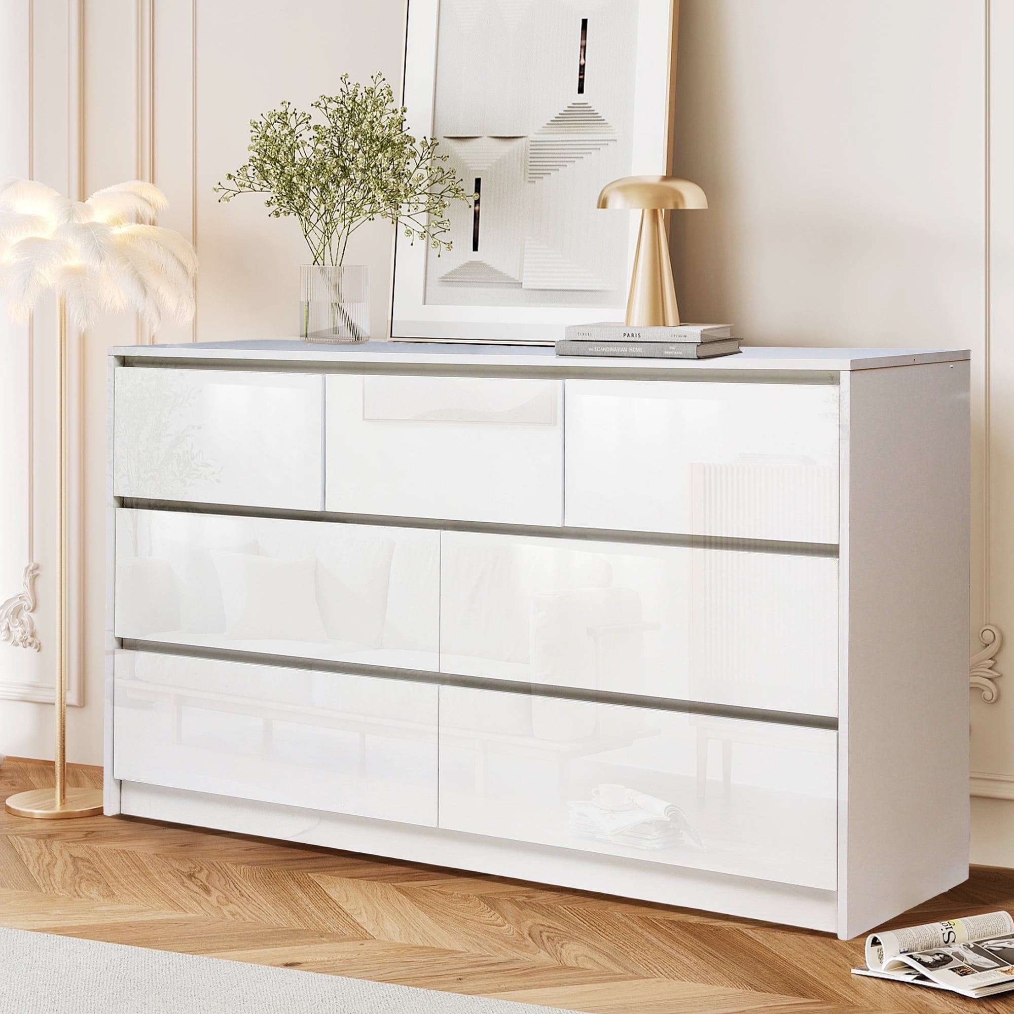 Haverchair 7 Drawer White Dresser for Bedroom, 55 Inch High Gloss Dressers Long Dresser with Deep Drawers, Large Handleless Wooden Dresser Chest Of Drawers for Living Room, Hallway, Entryway