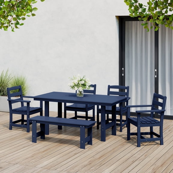 WestinTrends Ashore 6-Piece Outdoor HDPE Patio Dining Table Set with Bench, Navy Blue