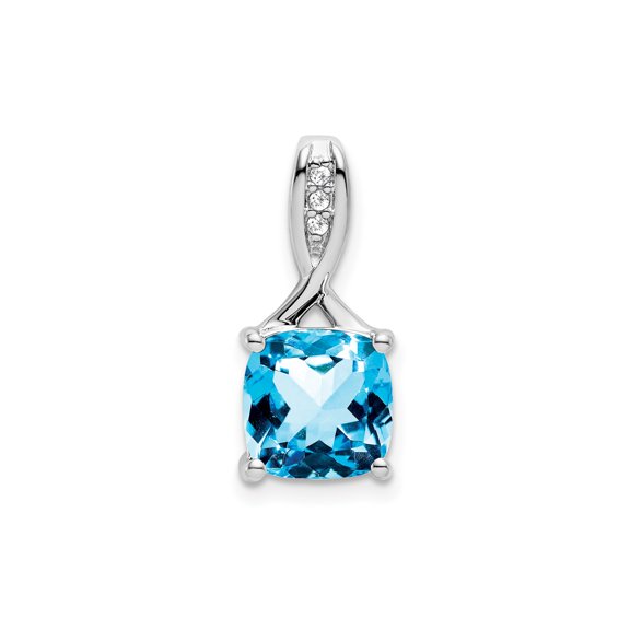 14k White Gold Cushion Cut Swiss Blue Topaz Gemstone Pendant with Diamond Accent Bail