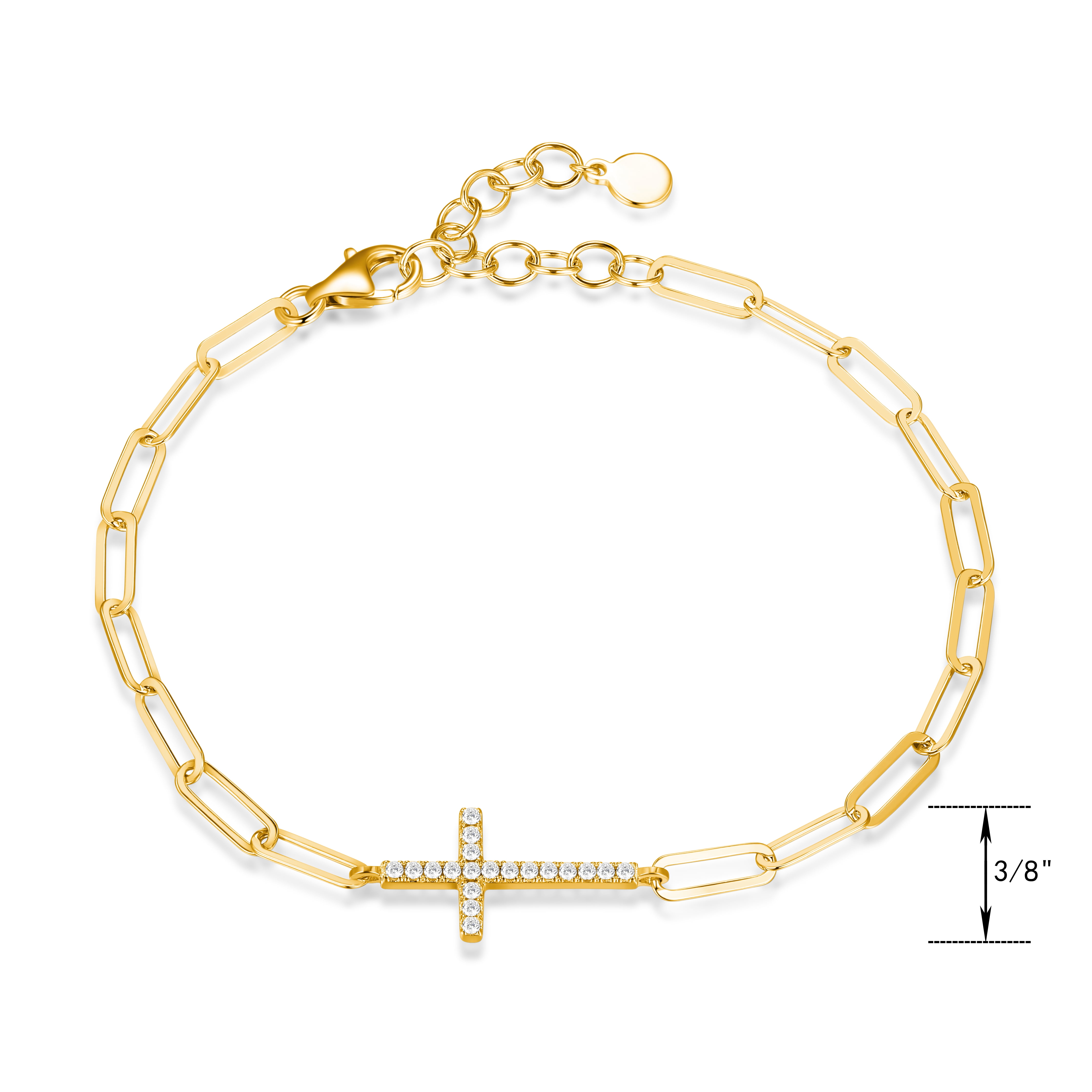 Forever Facets 18K Gold Over Sterling Silver CZ Cross Paperclip Bracelet, 6.75" + 1.25" Extender
