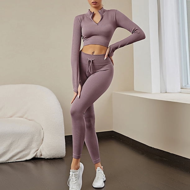 Traje de yoga sin costuras para mujer, pantalones de yoga de cintura alta que absorben el sudor y levantan la cadera, traje deportivo ajustado de manga larga para mujer