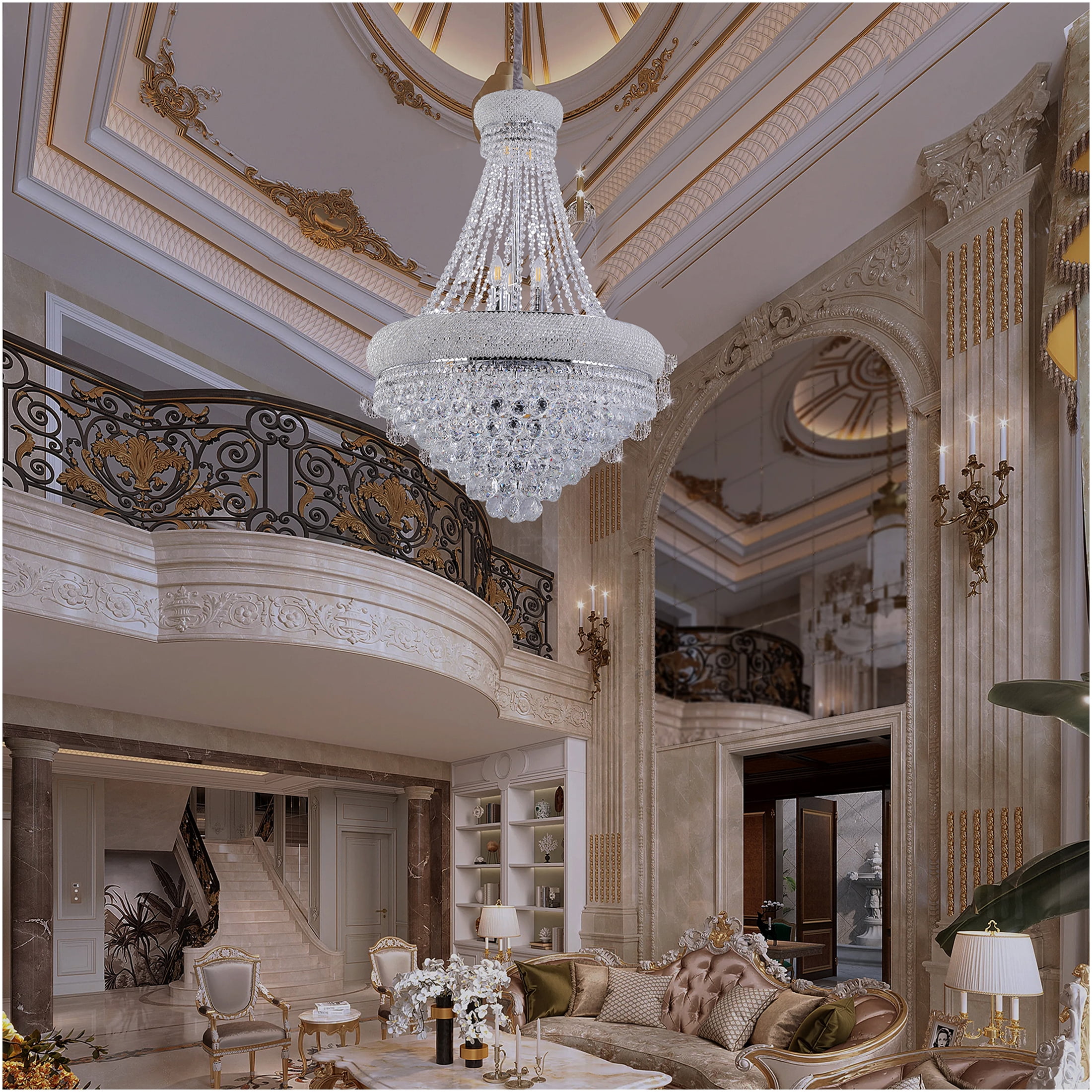 JERFIT 14-Light Crystal Chandelier for Dining Room, Silver Empire Ceiling Light Fixture with K9 Crystals for Living Room, Hallway
