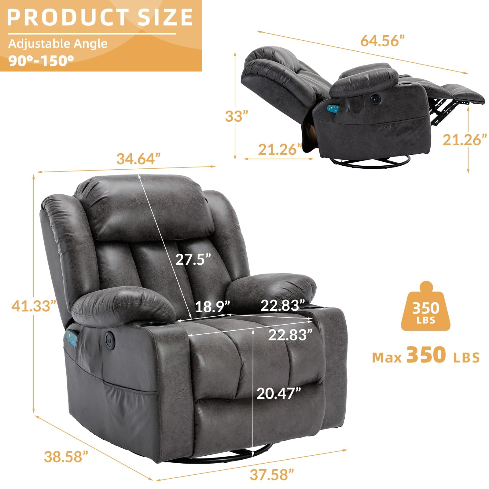 OUINCH Manual Swivel Glider Rocker Recliner Chair with Massage and Heat, USB Ports, Side Pockets and Cup Holders