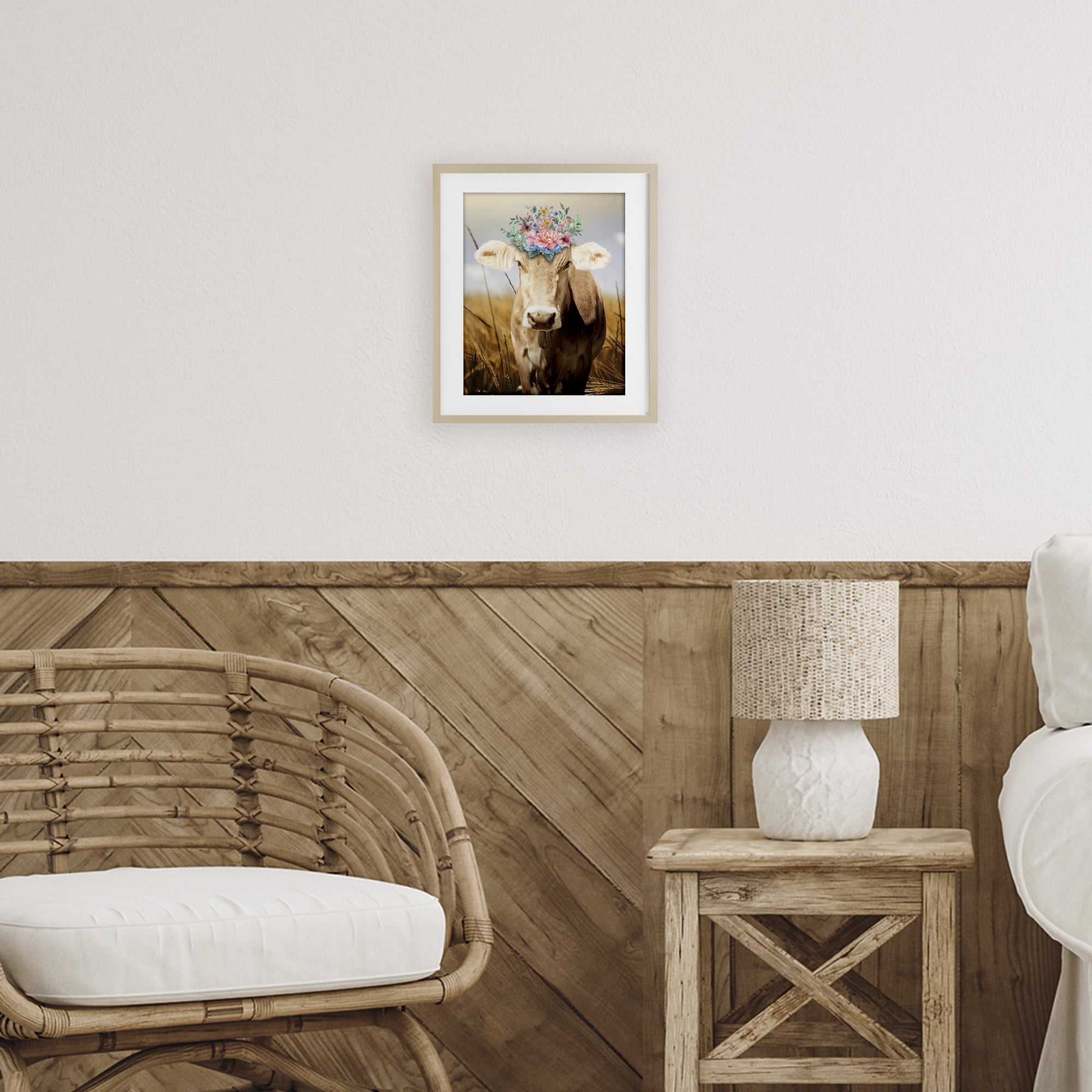 Stupell Industries Chatty Belle Cow with Florals Birch Framed Print Under Glass, design by Marcus Prime