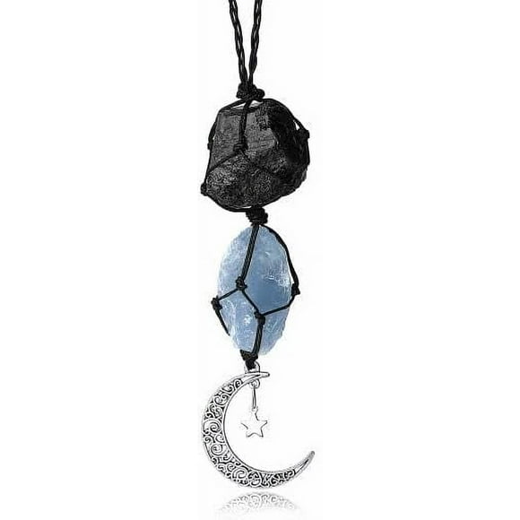 ORUYROP Car Charm Crystals Hanging Handmade Healing Raw Stones Blue Calcite Black Tourmaline Rearview Mirror Decorations Accessories Dangling Moon Stars Hanging Ornaments Bohemian Indoor Home