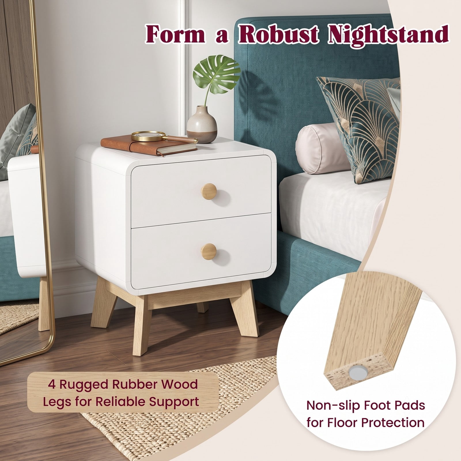 Furnibear Nightstand Set of 2 with 2 Drawers Each and Solid Rubber Wood Legs, Mid-century Bedside Tables for Bedroom, White