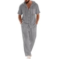 thumbnail image 3 of UVEASISHA Travel Sets for Men 2 Piece Cotton Linen Outfits Lightweight Button Down Hooded Shirts and Pants Set 2026 Summer Fashion Beach Vacation Outfit Dark Gray S, 3 of 10