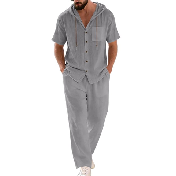 mihongmao Summer Cruise Outfits for Men Beach Outfits Man Style Solid Color Casual Fashion Hooded Pocket Short Sleeved Shirt Drawstring Waist Long Pants Beach Sets Dark Gray S