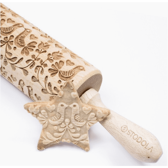 Stodola Engraved Large Rolling Pin with FOLK DOVES Pattern