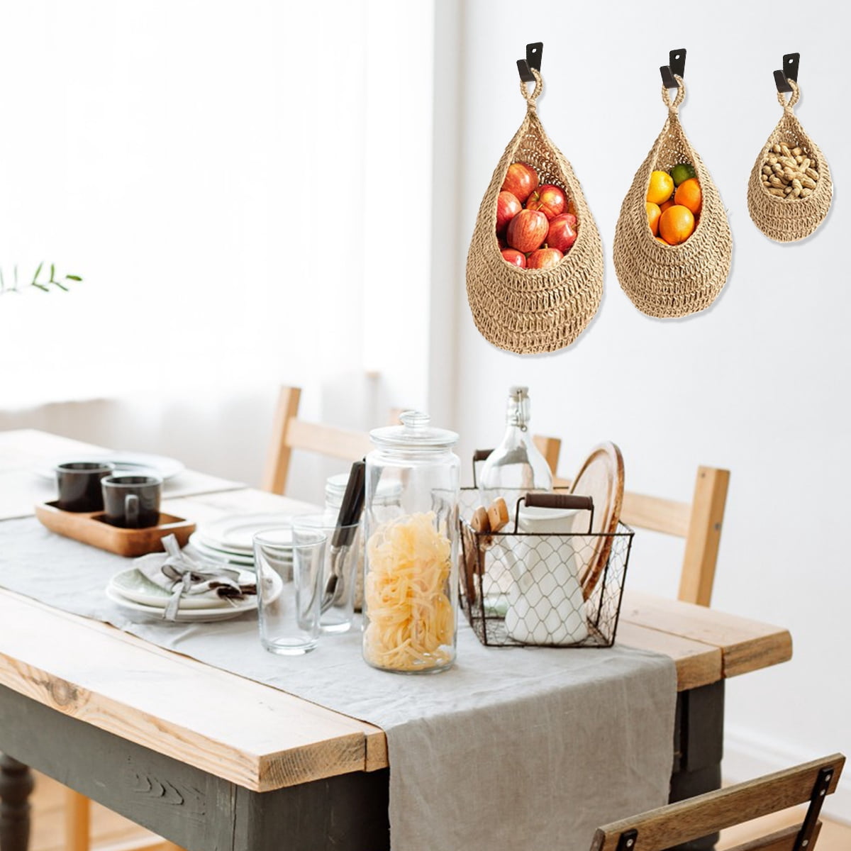 Hanging Baskets Kitchen Boho Jute Hanging Basket Woven Wall Decorative Vegetable Fruit Baskets Potato Garlic Onion Storage 3 Pcs
