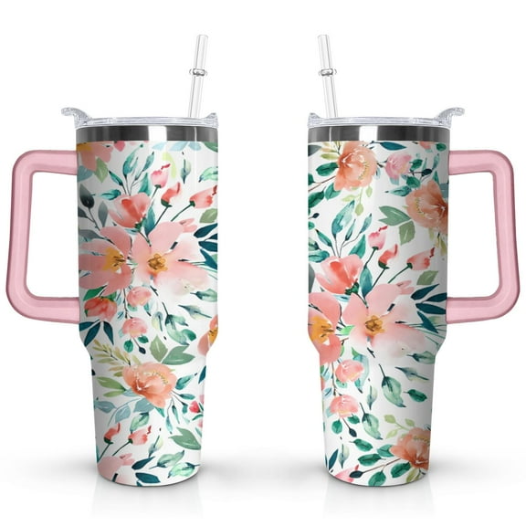 40oz Pioneer Tumbler with Handle Lid and Straw,Colorful Floral Tumblers Gifts for Women Girls Men Adults(Pink)