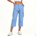 thumbnail image 2 of Fnooota Women's Cargo Capri Pants, Fall Stretchy Elastic Waist Side Split Casual Cropped Work Trousers Light Blue Size L, 2 of 7