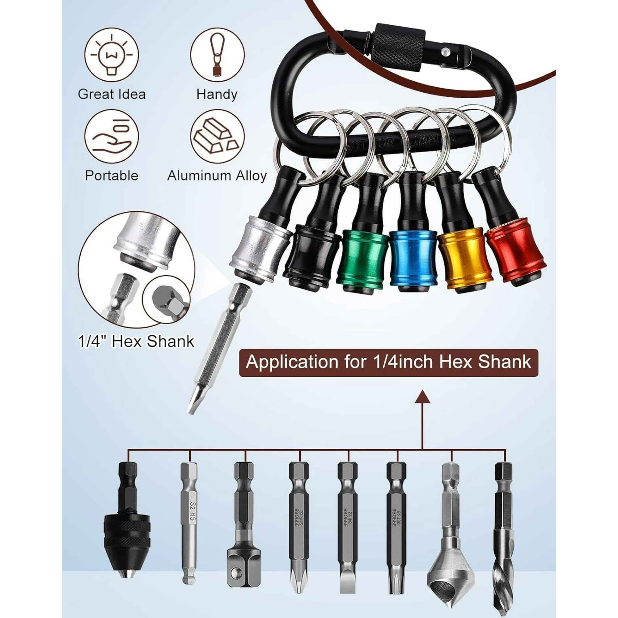 Upgrade, Push To Unlock,katerk 6pcs 1/4 Inch Hex Shank Aluminum Alloy Screwdriver Bits Holder Light Weight Quick Change Extension Bar Keychain Drill Scre