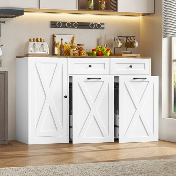 Homfa 47.2"W Kitchen Sideboard Credenza, Trash Can Cabinets Fits 12.5 Gallon Can, 2 Drawer Wood Buffet Storage Cabinet with Adjustable Shelf for Dining Room, White