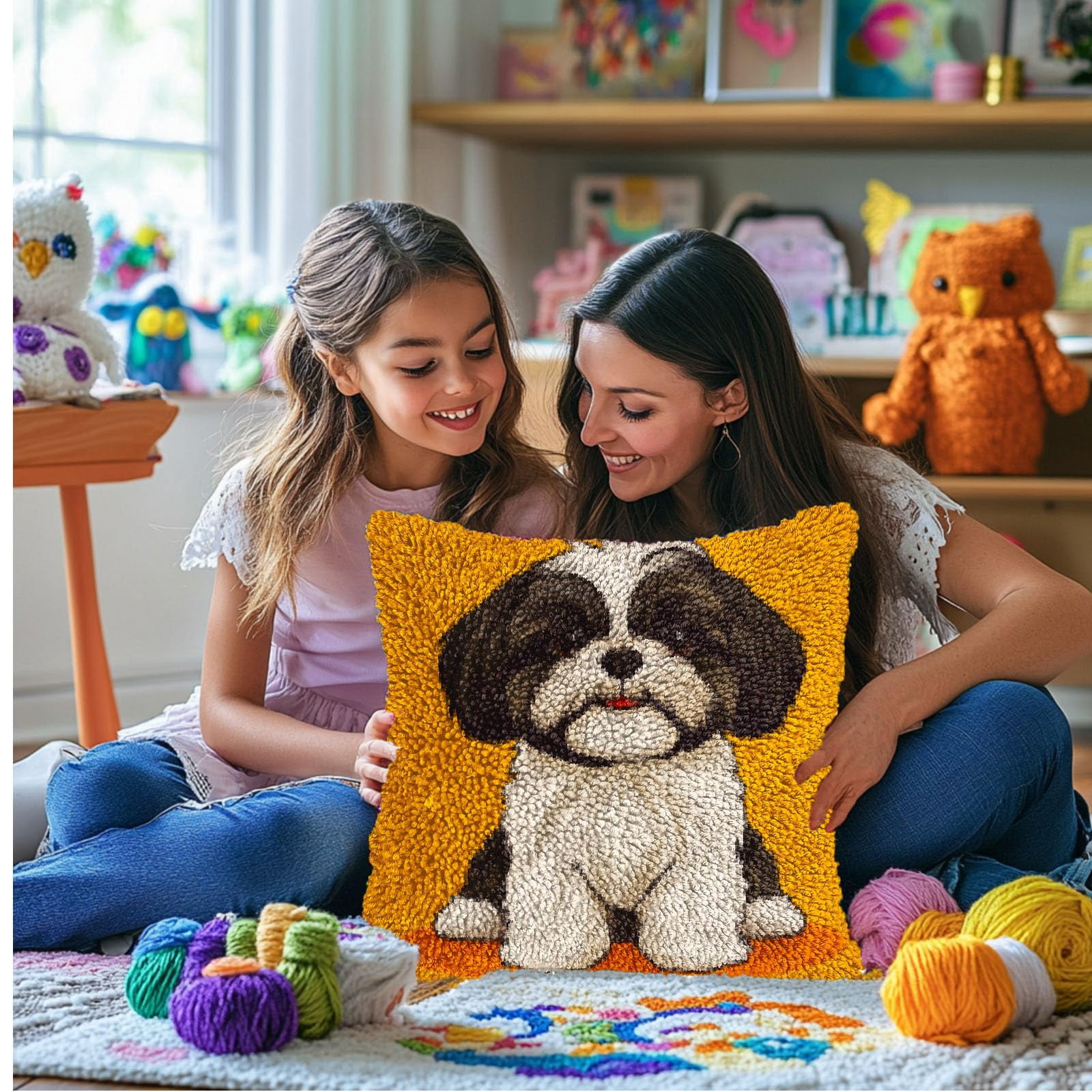 DIY Latch Hook Pillow Kits for Adults Cute Cartoon Shih Tzu Dog Printed Pillowcase Crochet Yarns Hooking Handmade Pillow Cover Cushion for Home Sofa Decoration 17x17inch-5