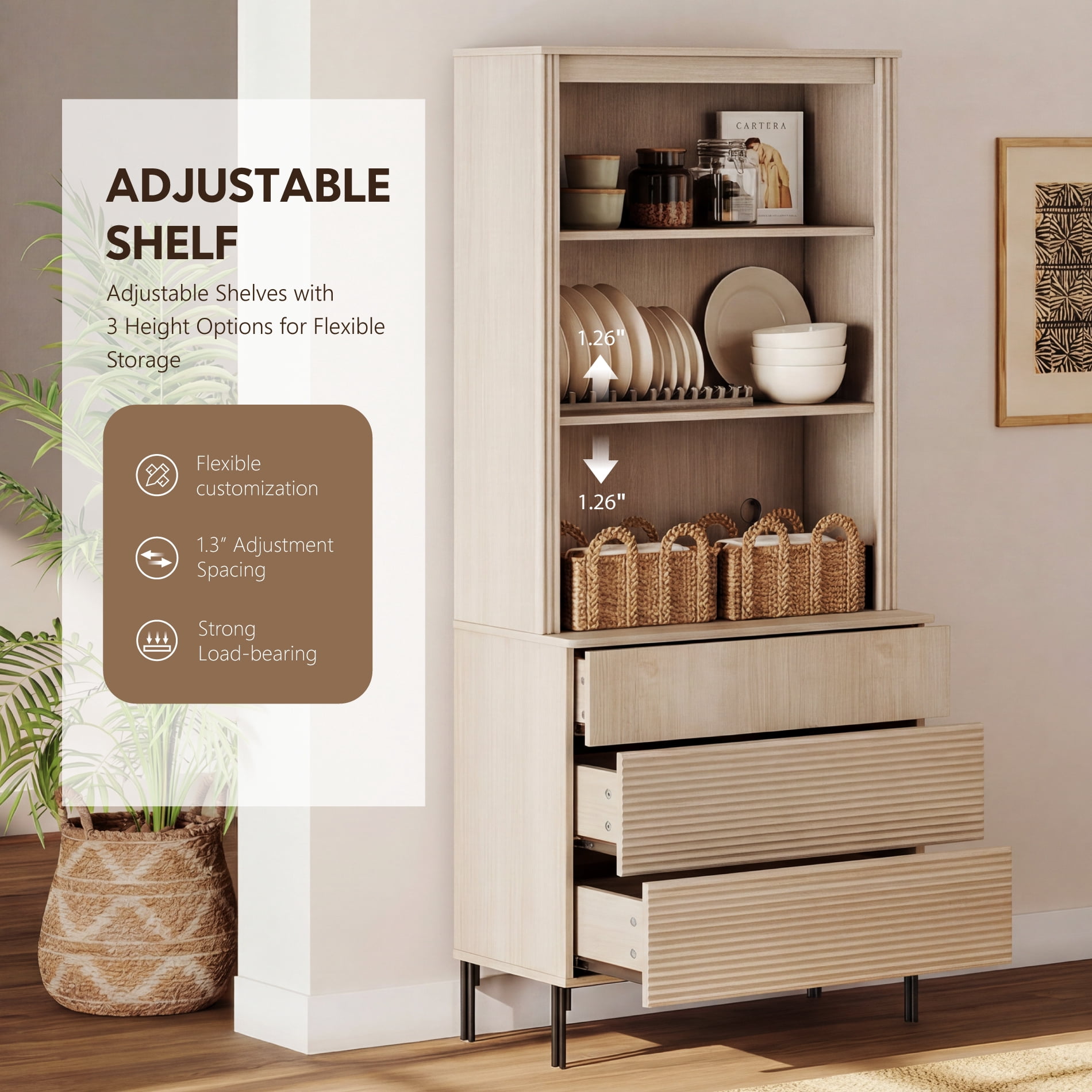 63"W Fluted Kitchen Hutch Sideboard with Adjustable Shelves, Wooden Modern Buffet Hutch Cabinet with 6 Drawers And 6 Tier Shelves