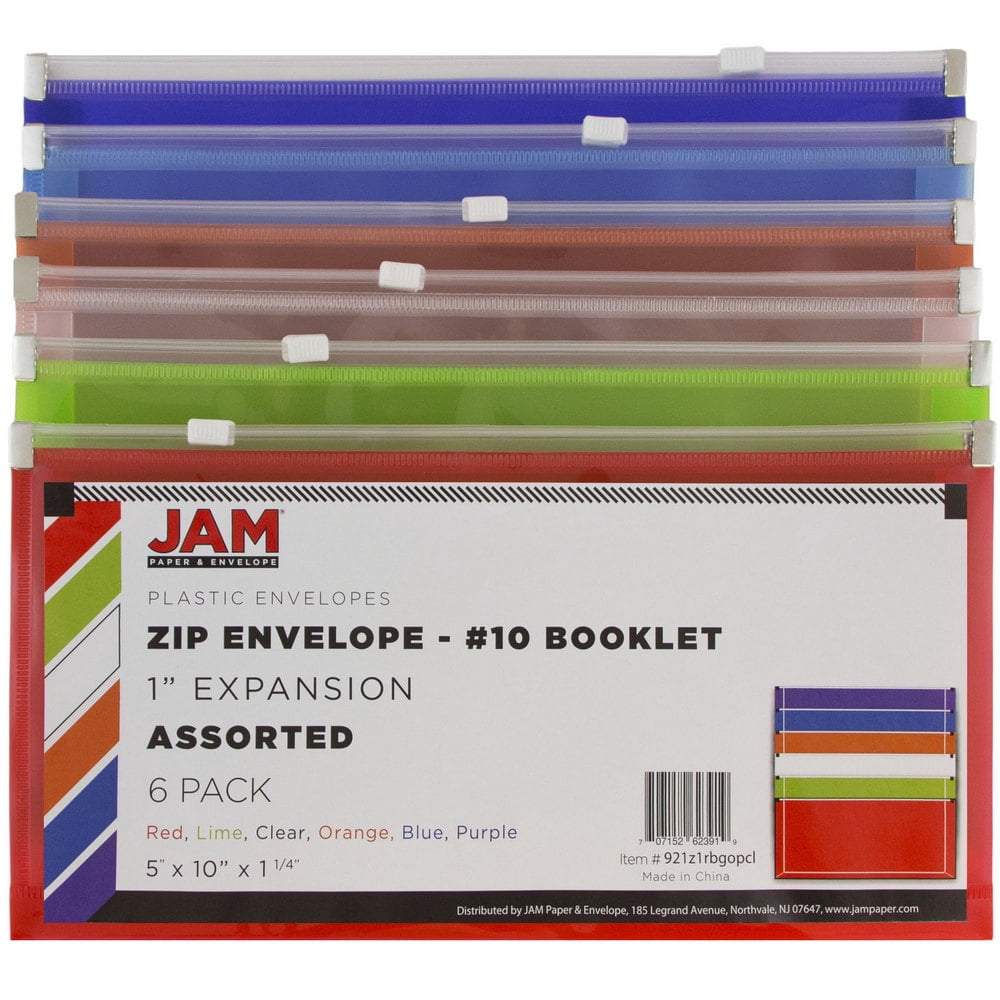 JAM Paper Zip Closure, #10 Booklet, Assorted, 6 Per Pack