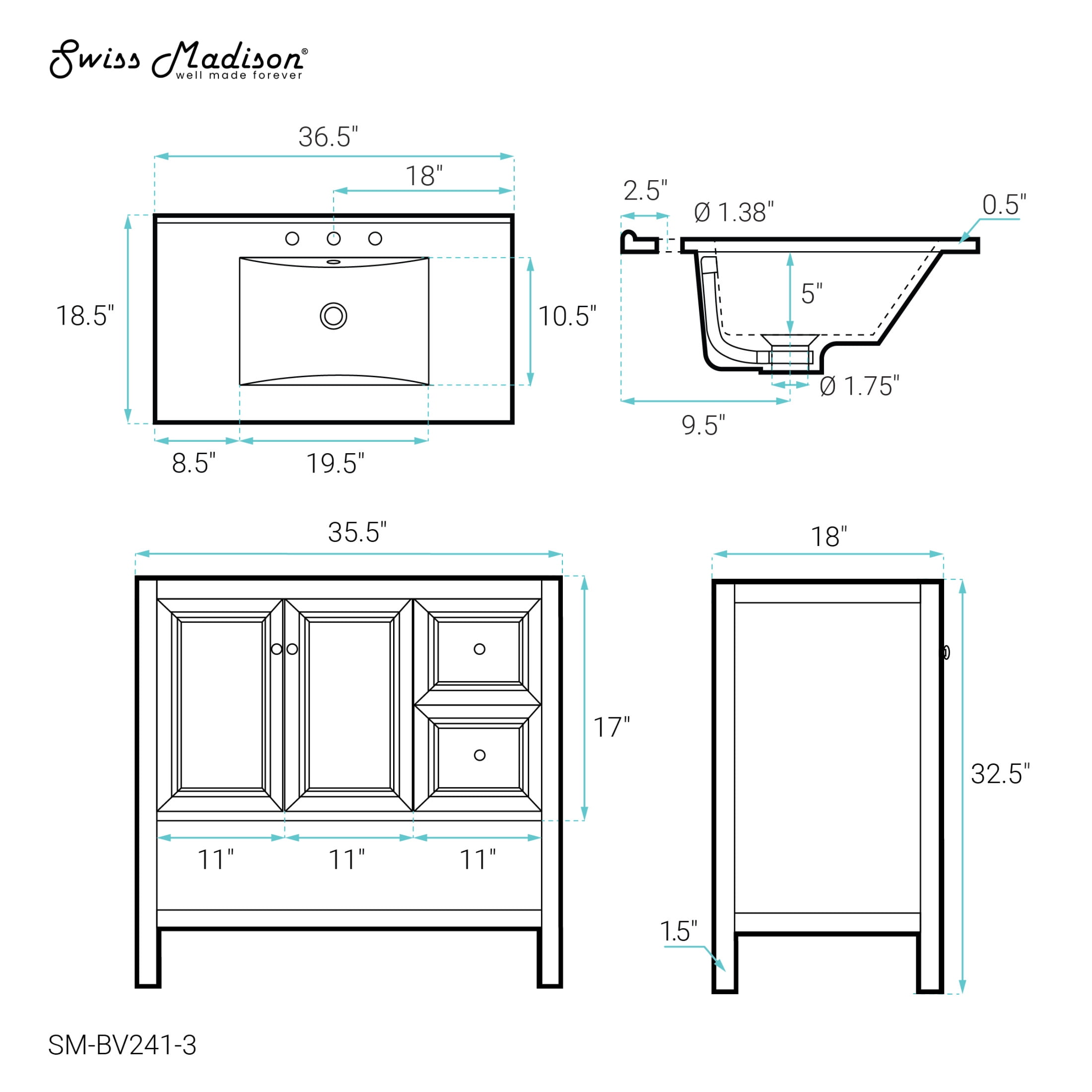 Chateau 36" Freestanding Bathroom Vanity in Golden Oak with 3-Hole Widespread Sink Top