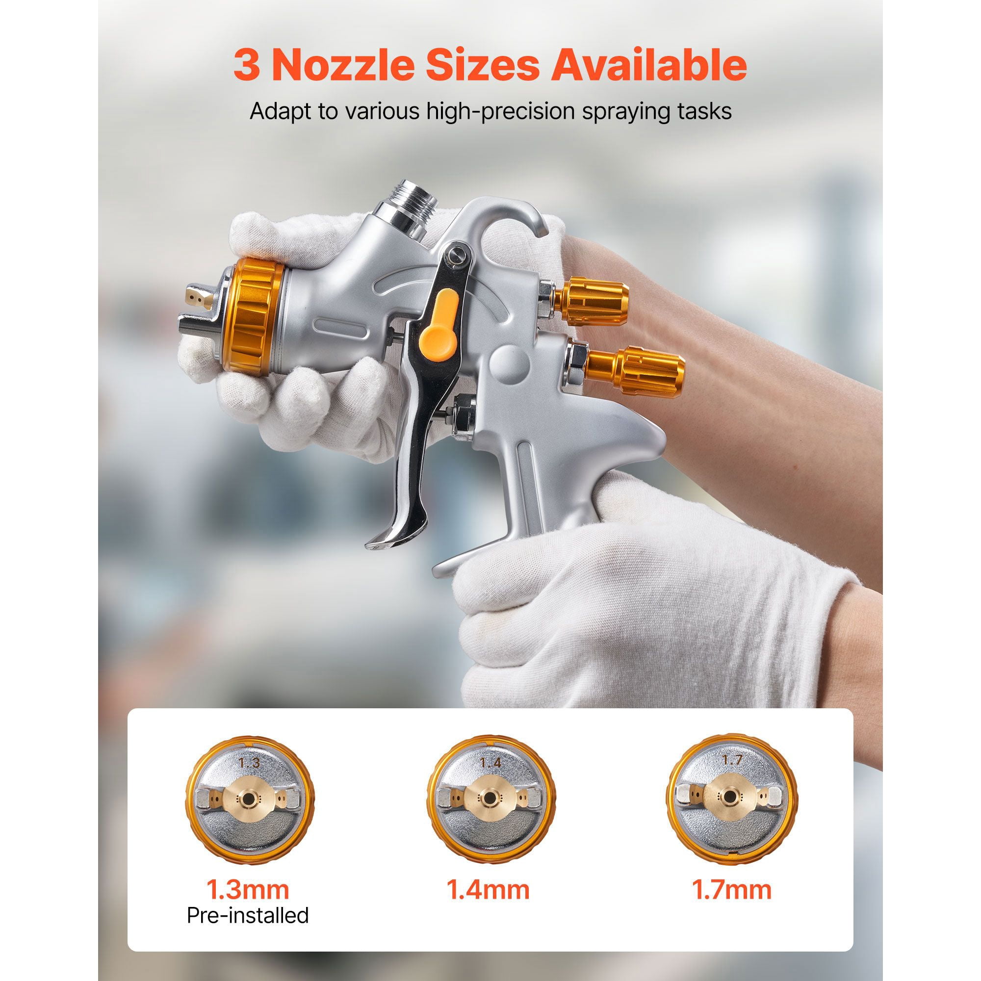 HVLP Air Spray Gun 3 Interchangeable Nozzles 1.3/1.4/1.7mm 600ml Cup 360° Rotating Cap for Automotive Furniture Industrial Spraying