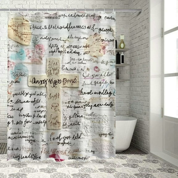 BCIIG White Fabric Words Cross Chic Modern Bathroom Decor Shower Curtain with Hooks 36"x72