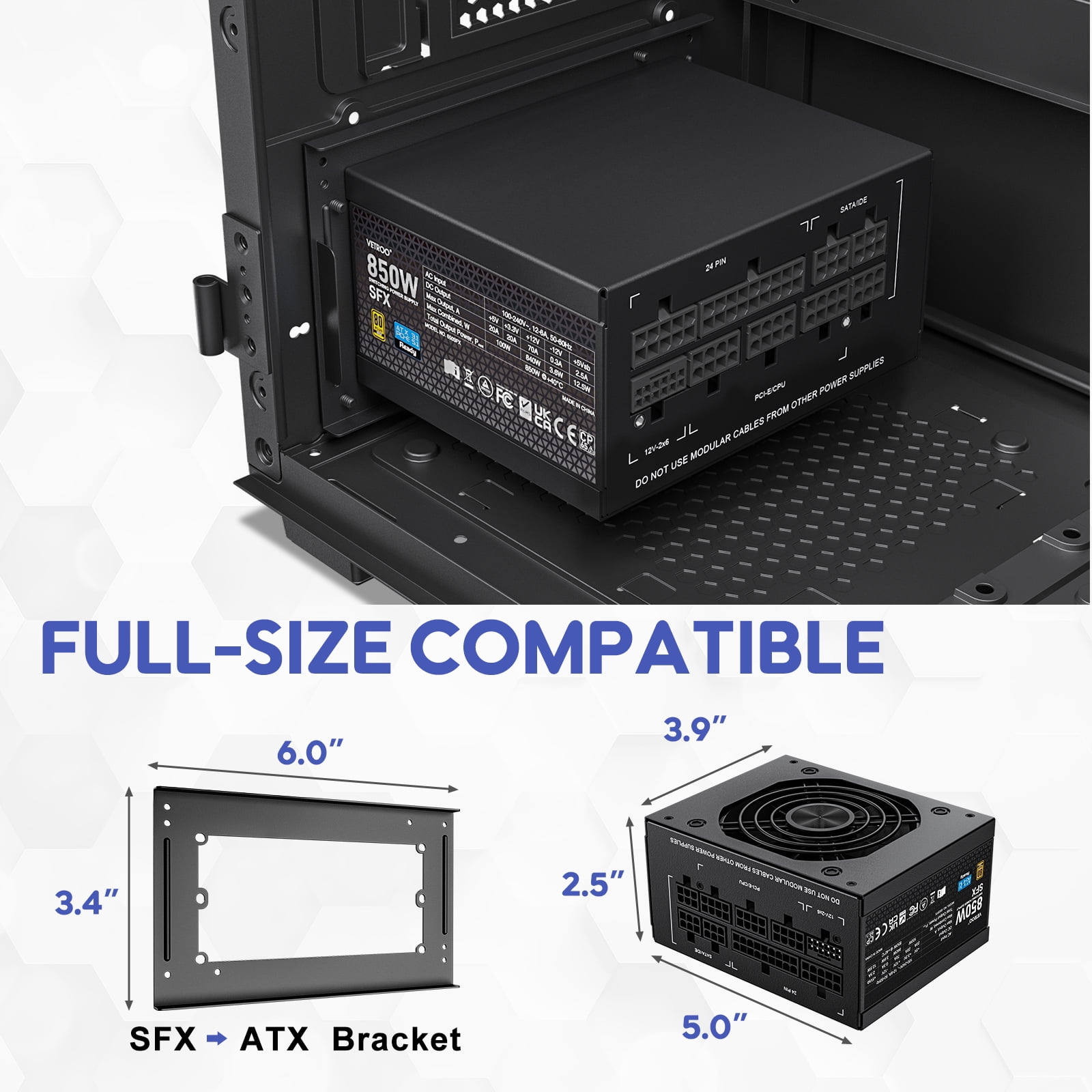 Vetroo 850W Black SFX Power Supply ATX 3.1 & PCIE 5.1 Ready, 80 Plus Gold Certificate Fully Modular