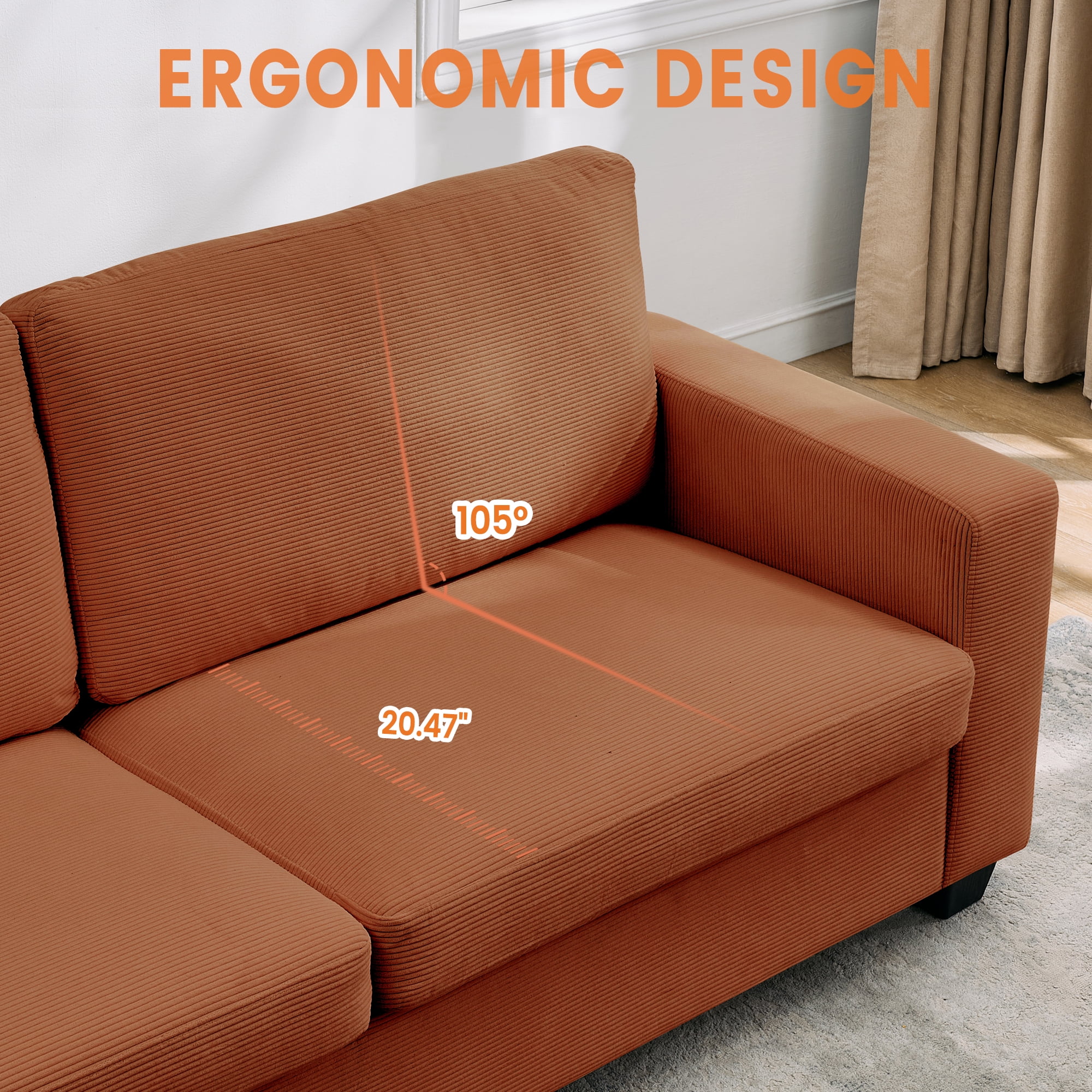 Kicctian 83" Wide 3-Seater Corduroy Couch with Deep Seat, Modern Sofa with Washable Covers and Wide Armrests, Comfortable Loveseat for Living Room, Bedroom, Office or Small Spaces,Red