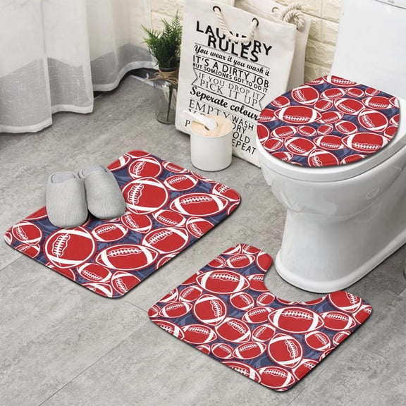 Red Footballs on Blue Pattern Bathroom Rugs Sets 3 Piece,Toilet Cover Set,Absorbent Non Slip Bathroom Mats Sets with U-Shaped Contour Rug Toilet Rug Set