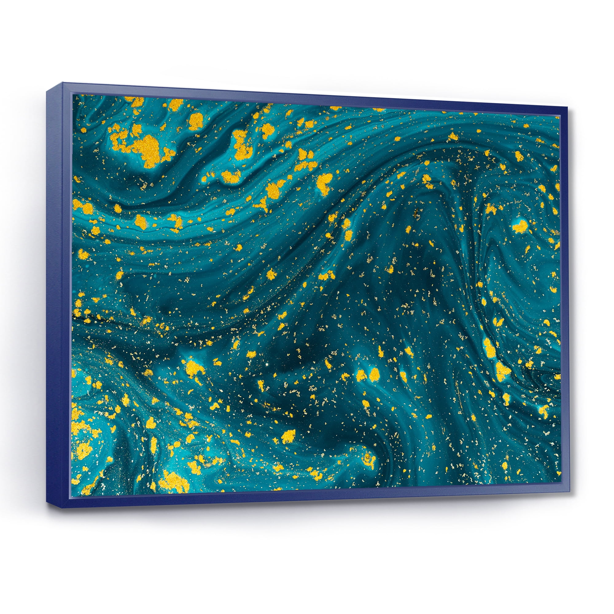 Designart 'Golden Glitter With Dark Blue Marble' Modern Framed Canvas Wall Art Print