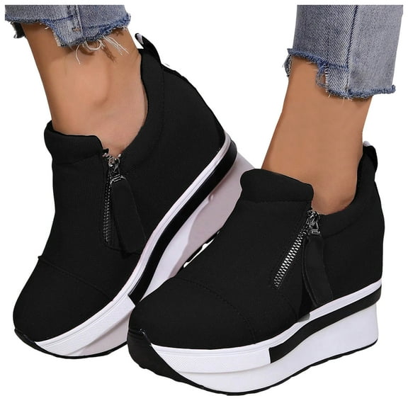 Women's Slip On Platform Chunky Casual Shoes Non Slip Suede Wedge High Top Dress Shoes with Side Zipper Black Size 7