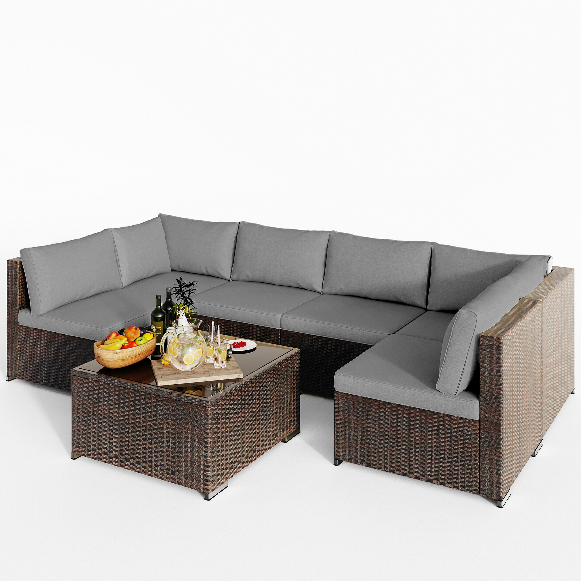 All-Weather 7 Piece Patio Furniture Set, Rattan Wicker Outdoor Conversation Sectional Sofa Set with Glass Table, Gray