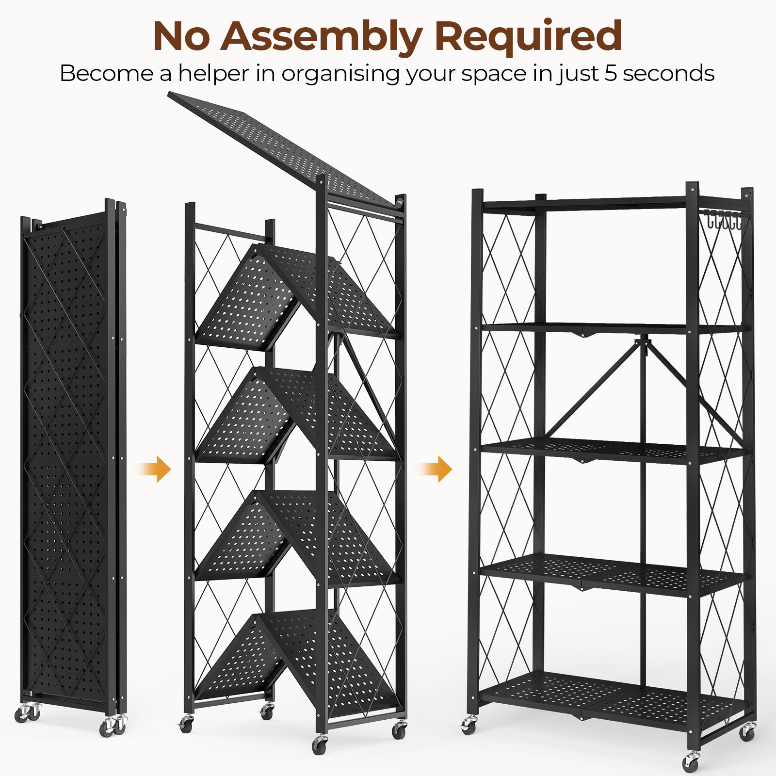 Vebreda 5-Tier Foldable Metal Storage Shelf with Wheels, No-Assembly Collapsible Shelving Unit, Heavy-Duty Rolling Organizer Rack