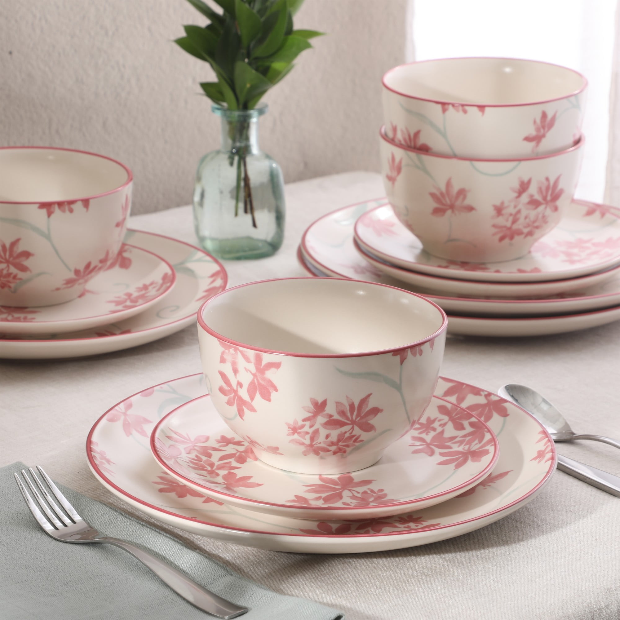 Gibson Home Admiral Hall 12-Piece Stoneware Dinnerware Set, Pink Floral Plates and Bowls, Microwave and Dishwasher Safe, Set for 4