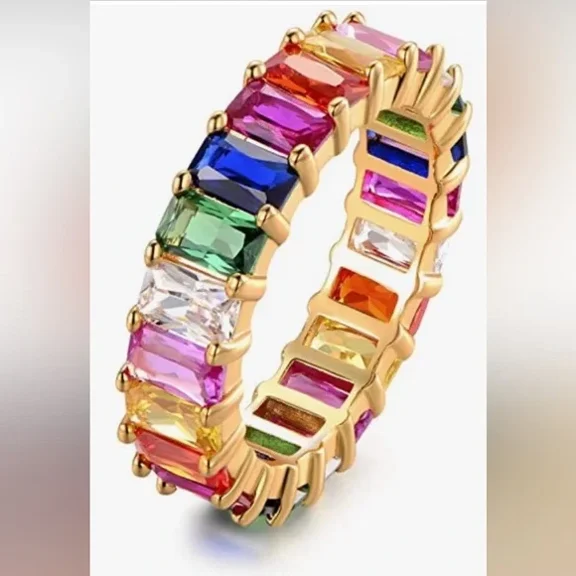 Eternity Rainbow Ring Emerald-Cut Rainbow Multi Color Created-Gemstone Ring