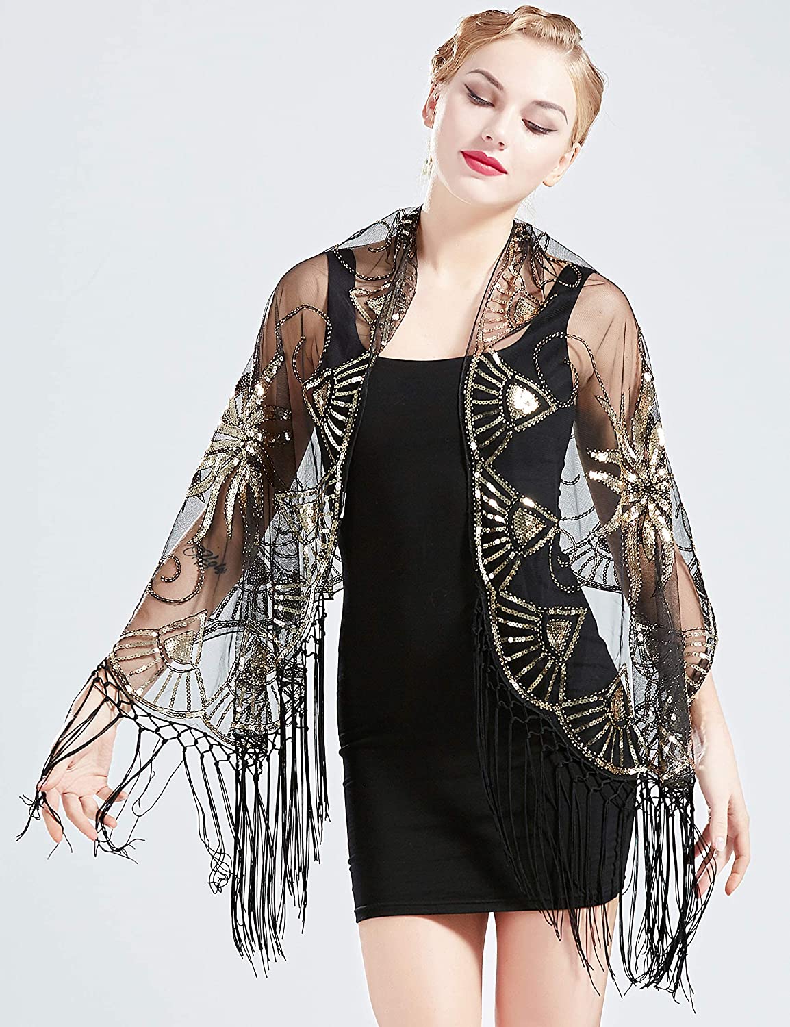 1920s Sequin Beaded Shawl Evening Wrap 