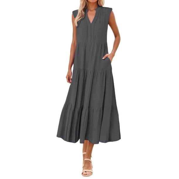Vestido fluido con cuello en V y corte en A para mujer - Ligero, ideal para la playa o el brunch, poliéster y spandex, tallas S-XXXL