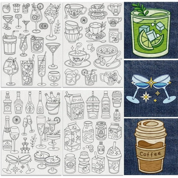 54 estabilizadores de patrones de bordado para bebidas, 21 x 29 cm, para vino, cócteles, té, leche, solubles en agua, adhesivos para bordar, 4 hojas para jugo, café, costura a mano, papel de bordado.