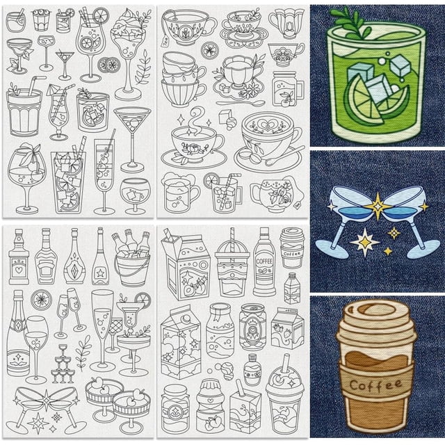 54Pcs Drinks Embroidery Pattern Stabilizer 8.3"x11.7" Wine Cocktails Tea Milk Water Soluble Stick and Stitch Embroidery Sticker 4 Sheets Juice Coffee Hand Sewing DIY Embroidery Paper