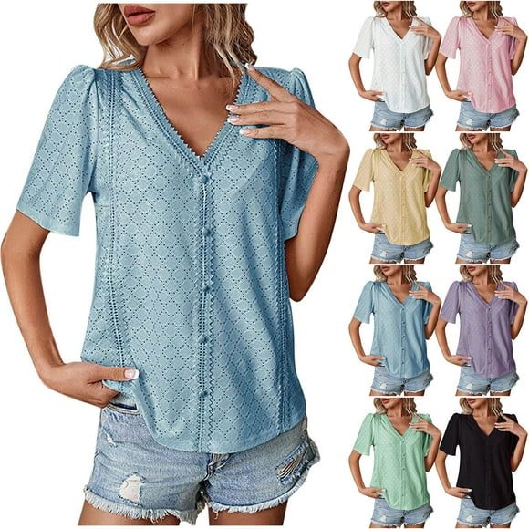 Yuyuzo Tops for Women Dressy Casual Crochet Short Sleeve Shirts Lace V Neck Office Work Blouses Top Summer Outfits