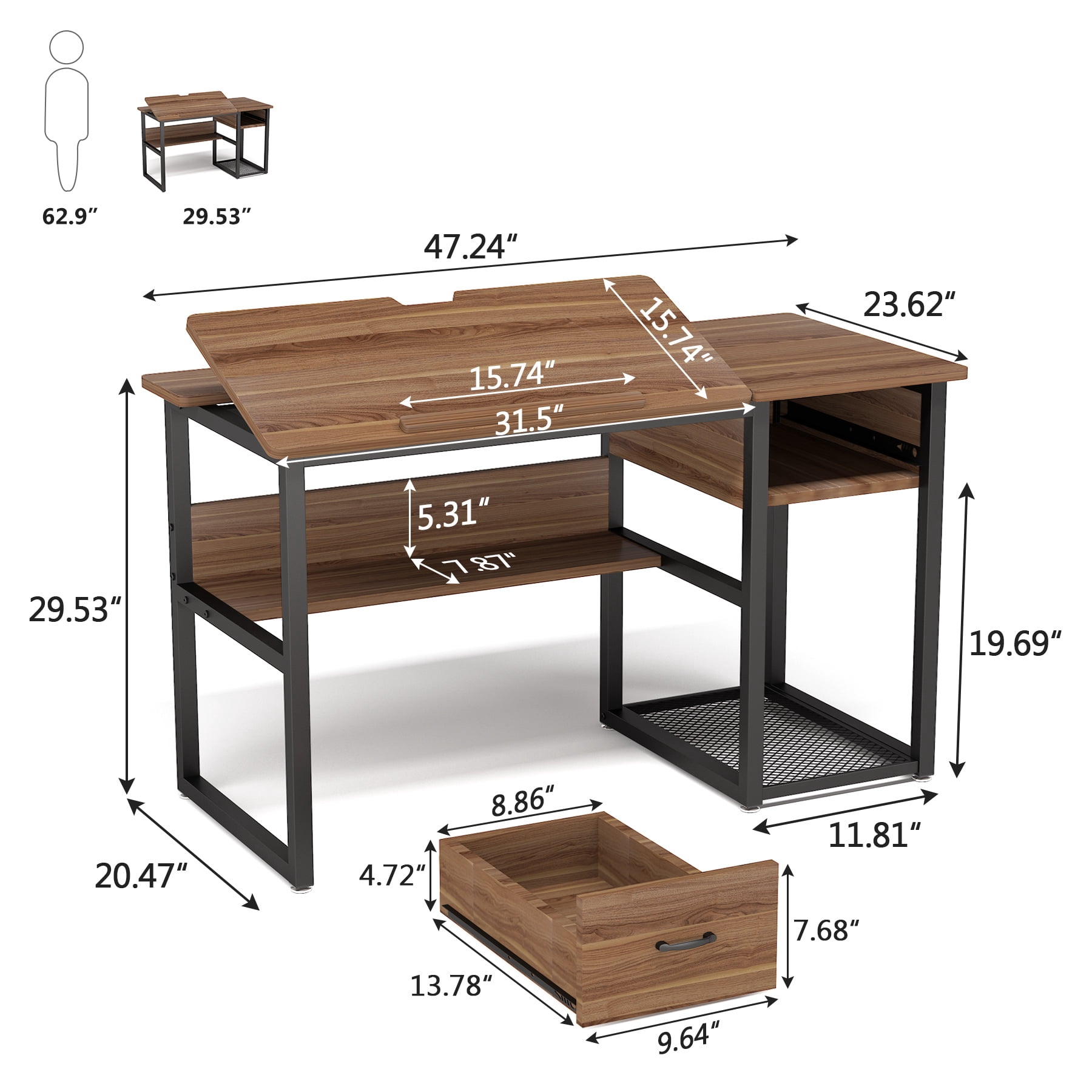 Tribesigns Drawing Computer Desk with Tiltable Tabletop, Painting Drafting Desk Workstation with Storage Shelves and Drawer for Students, Home Office