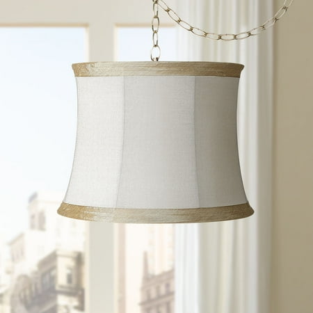 

Possini Euro Design Antique Brass Plug In Swag Pendant Chandelier 16 Wide Ivory Linen Drum Shade for Dining Room House Kitchen