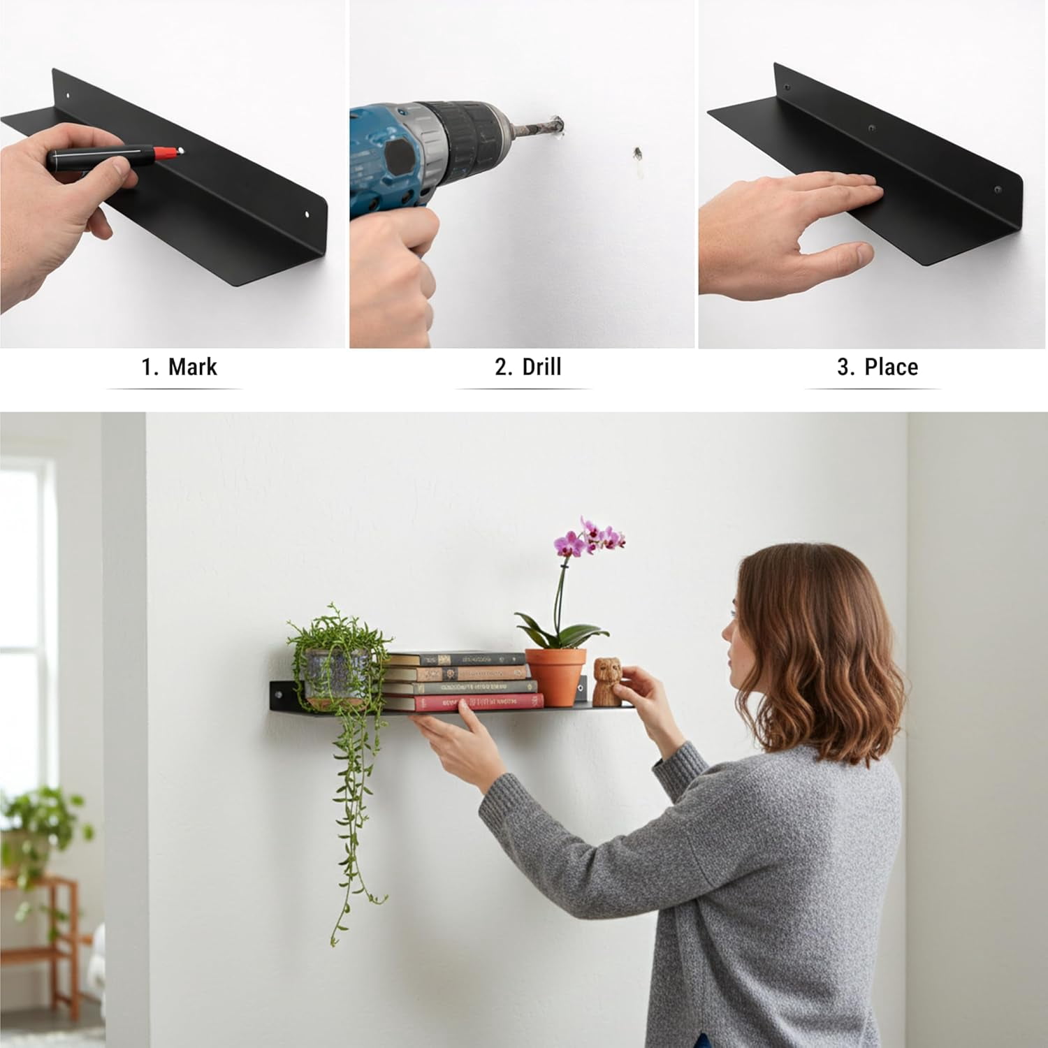 SIMOND STORE Linear Floating Shelf - Steel Industrial Heavy Duty Metal Wall Mounted DIY Designed Shelf (24" X 8" X 2.5", Powder Coated Black)