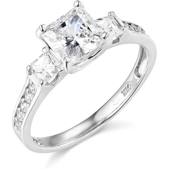 3 Stone Diamond Ring, 14K White Gold Plated, Women's Engagement Ring, 1.6 CT Princess Cut Simulated Diamond, Wedding Diamond Ring, Anniversary Gift For Her, Valentine Ring