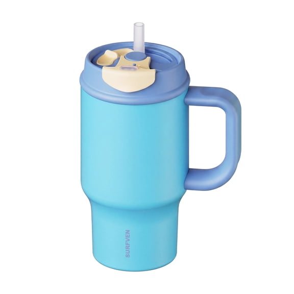 SURFVEN 30 oz Double Wall Insulated Stainless Steel Tumbler with Handle, Leakproof 2-in-1 Straw Lid, Blue